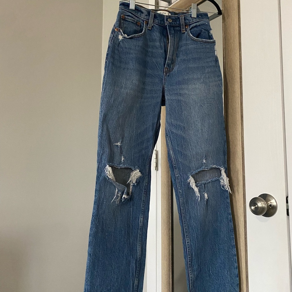 Abercrombie & Fitch Blue Straight Leg Jeans with Distressed Details